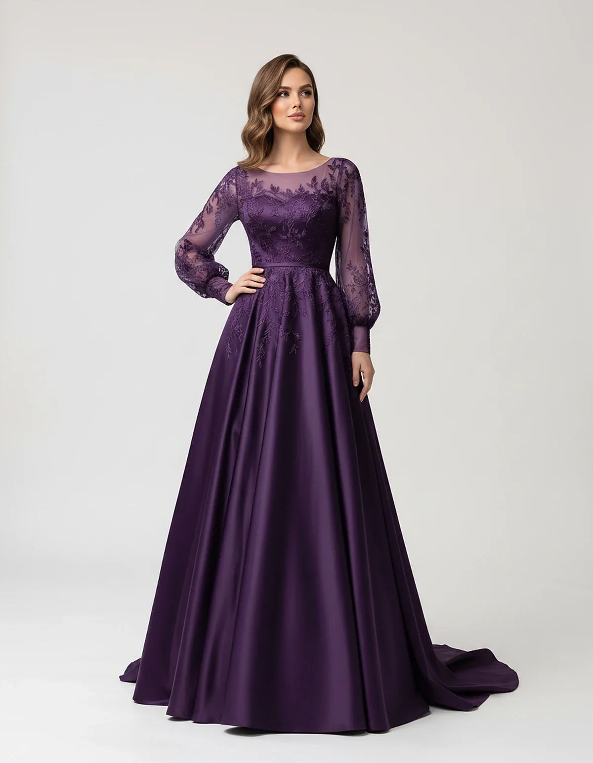 Satin Lace Appliqué Long Sleeve Illusion Neckline A-Line Maxi Dress for Party, Cocktail, Evening, Wedding Guest & Summer Even | SKU: VMD-583921746182305-PURPLE-L,VMD-583921746182305-PURPLE-M,VMD-583921746182305-PURPLE-S,VMD-583921746182305-PURPLE-XL,VMD-583921746182305-PURPLE-XS