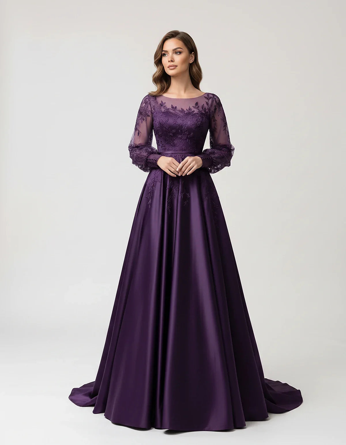Satin Lace Appliqué Long Sleeve Illusion Neckline A-Line Maxi Dress for Party, Cocktail, Evening, Wedding Guest & Summer Even | SKU: VMD-583921746182305-PURPLE-L,VMD-583921746182305-PURPLE-M,VMD-583921746182305-PURPLE-S,VMD-583921746182305-PURPLE-XL,VMD-583921746182305-PURPLE-XS