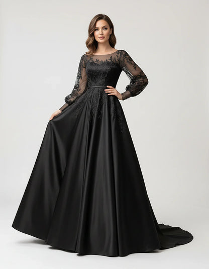 Satin Lace Appliqué Long Sleeve Illusion Neckline A-Line Maxi Dress for Party, Cocktail, Evening, Wedding Guest & Summer Even | SKU: VMD-583921746182305-BLACK-L,VMD-583921746182305-BLACK-M,VMD-583921746182305-BLACK-S,VMD-583921746182305-BLACK-XL,VMD-583921746182305-BLACK-XS