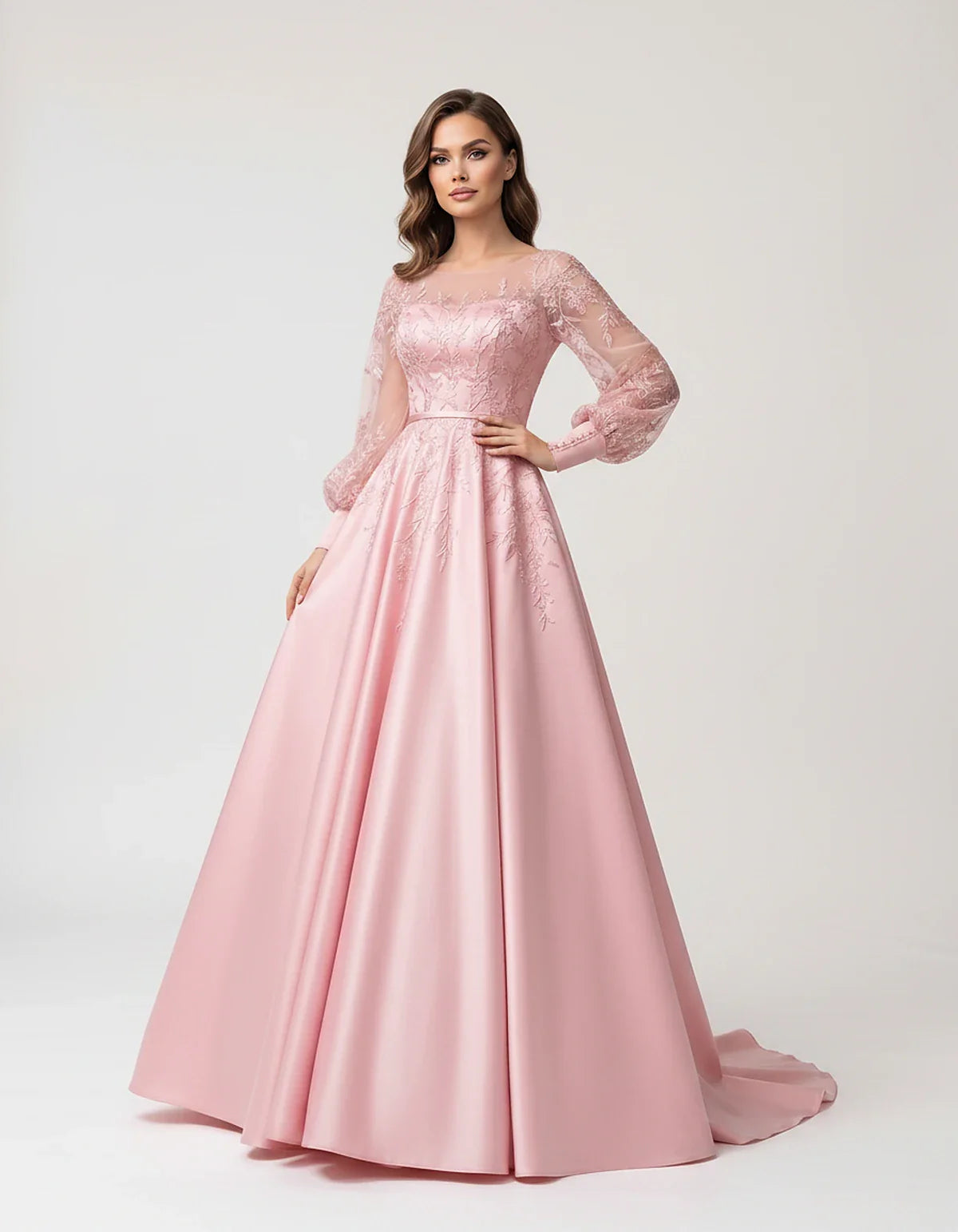 Satin Lace Appliqué Long Sleeve Illusion Neckline A-Line Maxi Dress for Party, Cocktail, Evening, Wedding Guest & Summer Even | SKU: VMD-583921746182305-PINK-L,VMD-583921746182305-PINK-M,VMD-583921746182305-PINK-S,VMD-583921746182305-PINK-XL,VMD-583921746182305-PINK-XS