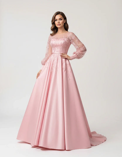 Satin Lace Appliqué Long Sleeve Illusion Neckline A-Line Maxi Dress for Party, Cocktail, Evening, Wedding Guest & Summer Even | SKU: VMD-583921746182305-PINK-L,VMD-583921746182305-PINK-M,VMD-583921746182305-PINK-S,VMD-583921746182305-PINK-XL,VMD-583921746182305-PINK-XS