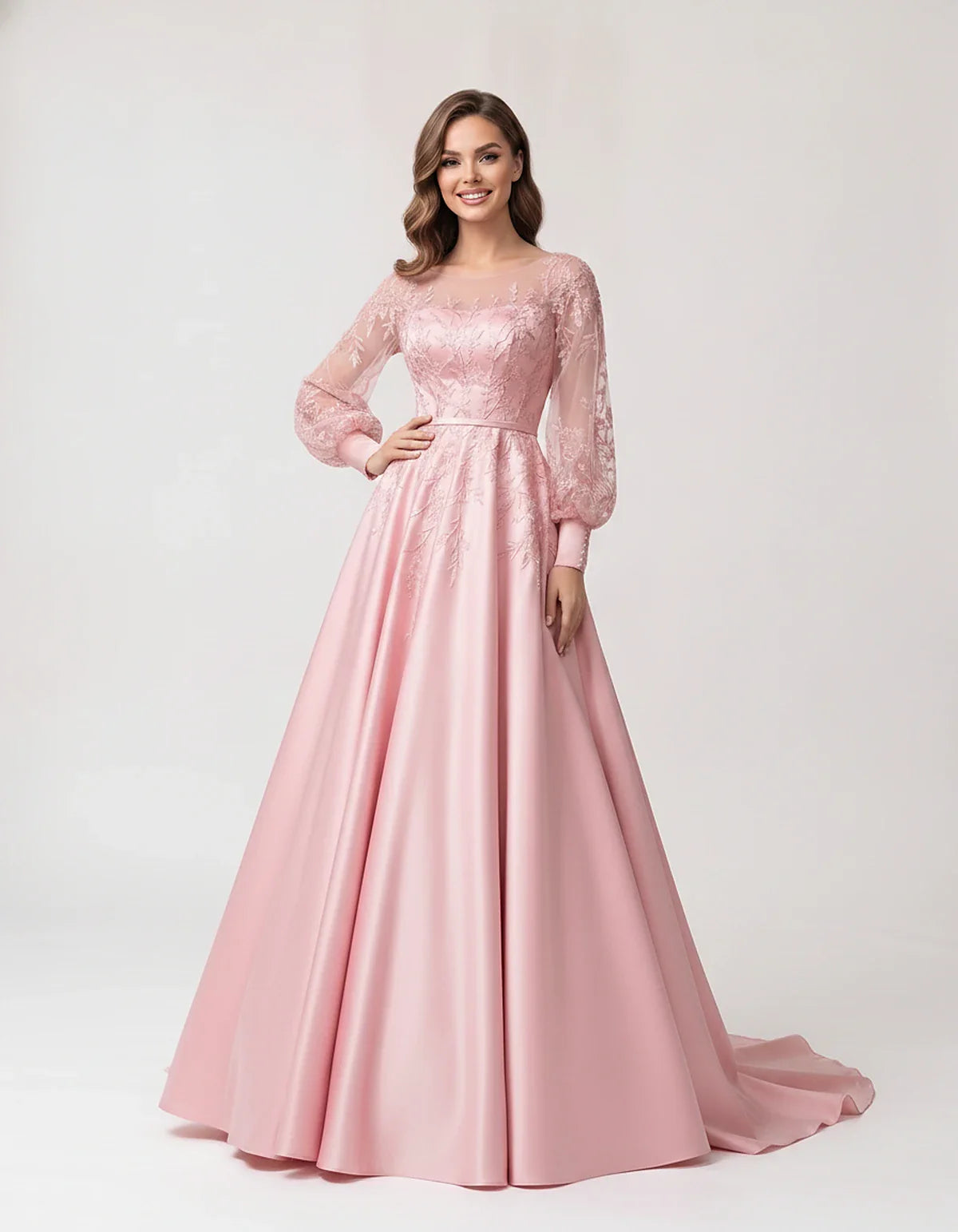 Satin Lace Appliqué Long Sleeve Illusion Neckline A-Line Maxi Dress for Party, Cocktail, Evening, Wedding Guest & Summer Even | SKU: VMD-583921746182305-PINK-L,VMD-583921746182305-PINK-M,VMD-583921746182305-PINK-S,VMD-583921746182305-PINK-XL,VMD-583921746182305-PINK-XS