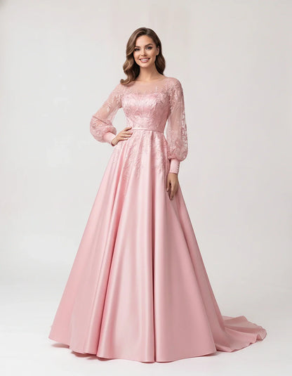 Satin Lace Appliqué Long Sleeve Illusion Neckline A-Line Maxi Dress for Party, Cocktail, Evening, Wedding Guest & Summer Even | SKU: VMD-583921746182305-PINK-L,VMD-583921746182305-PINK-M,VMD-583921746182305-PINK-S,VMD-583921746182305-PINK-XL,VMD-583921746182305-PINK-XS