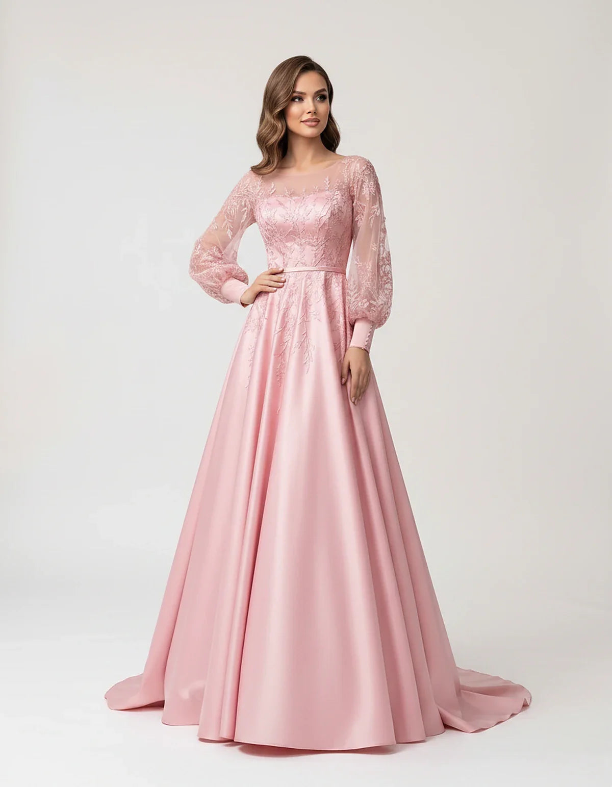 Satin Lace Appliqué Long Sleeve Illusion Neckline A-Line Maxi Dress for Party, Cocktail, Evening, Wedding Guest & Summer Even | SKU: VMD-583921746182305-PINK-L,VMD-583921746182305-PINK-M,VMD-583921746182305-PINK-S,VMD-583921746182305-PINK-XL,VMD-583921746182305-PINK-XS