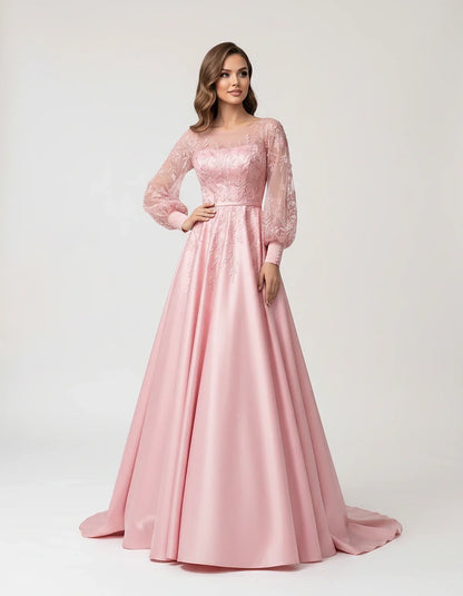 Satin Lace Appliqué Long Sleeve Illusion Neckline A-Line Maxi Dress for Party, Cocktail, Evening, Wedding Guest & Summer Even | SKU: VMD-583921746182305-PINK-L,VMD-583921746182305-PINK-M,VMD-583921746182305-PINK-S,VMD-583921746182305-PINK-XL,VMD-583921746182305-PINK-XS
