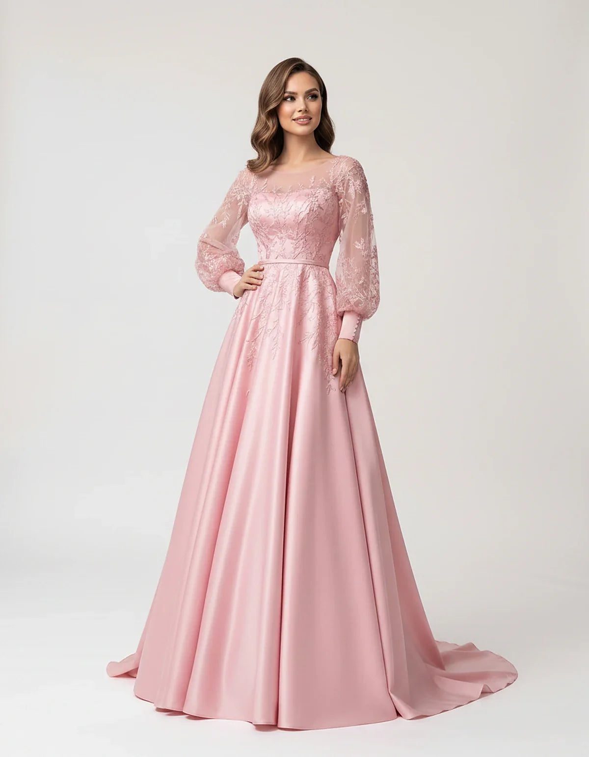 Satin Lace Appliqué Long Sleeve Illusion Neckline A-Line Maxi Dress for Party, Cocktail, Evening, Wedding Guest & Summer Even | SKU: VMD-583921746182305-PINK-L,VMD-583921746182305-PINK-M,VMD-583921746182305-PINK-S,VMD-583921746182305-PINK-XL,VMD-583921746182305-PINK-XS
