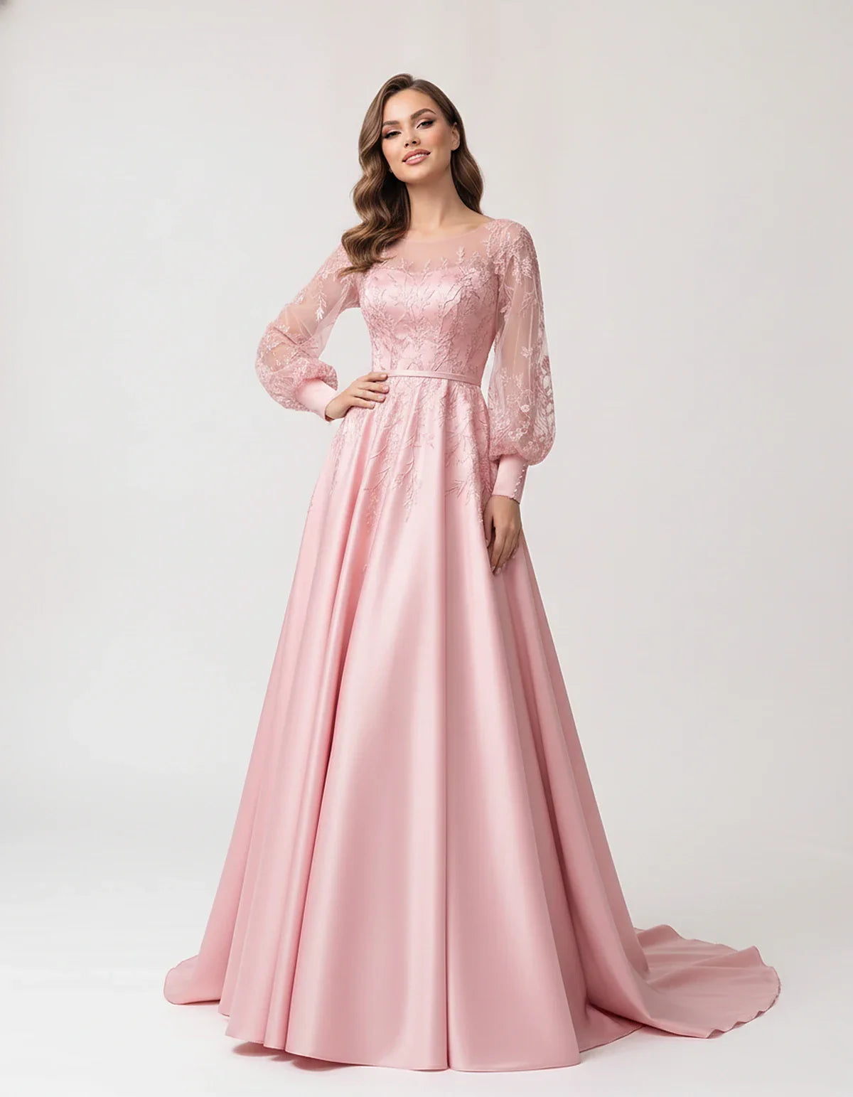Satin Lace Appliqué Long Sleeve Illusion Neckline A-Line Maxi Dress for Party, Cocktail, Evening, Wedding Guest & Summer Even | SKU: VMD-583921746182305-PINK-L,VMD-583921746182305-PINK-M,VMD-583921746182305-PINK-S,VMD-583921746182305-PINK-XL,VMD-583921746182305-PINK-XS