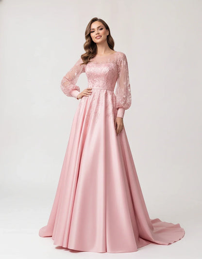 Satin Lace Appliqué Long Sleeve Illusion Neckline A-Line Maxi Dress for Party, Cocktail, Evening, Wedding Guest & Summer Even | SKU: VMD-583921746182305-PINK-L,VMD-583921746182305-PINK-M,VMD-583921746182305-PINK-S,VMD-583921746182305-PINK-XL,VMD-583921746182305-PINK-XS