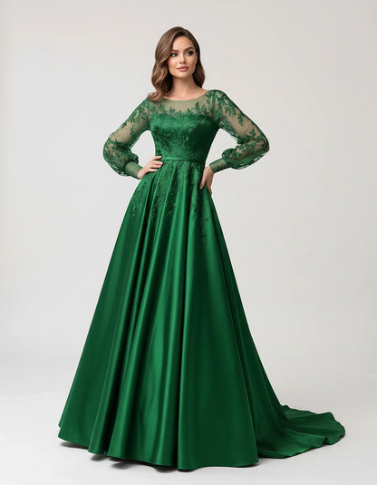 Satin Lace Appliqué Long Sleeve Illusion Neckline A-Line Maxi Dress for Party, Cocktail, Evening, Wedding Guest & Summer Even | SKU: VMD-583921746182305-GREEN-L,VMD-583921746182305-GREEN-M,VMD-583921746182305-GREEN-S,VMD-583921746182305-GREEN-XL,VMD-583921746182305-GREEN-XS