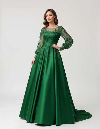Satin Lace Appliqué Long Sleeve Illusion Neckline A-Line Maxi Dress for Party, Cocktail, Evening, Wedding Guest & Summer Even | SKU: VMD-583921746182305-GREEN-L,VMD-583921746182305-GREEN-M,VMD-583921746182305-GREEN-S,VMD-583921746182305-GREEN-XL,VMD-583921746182305-GREEN-XS