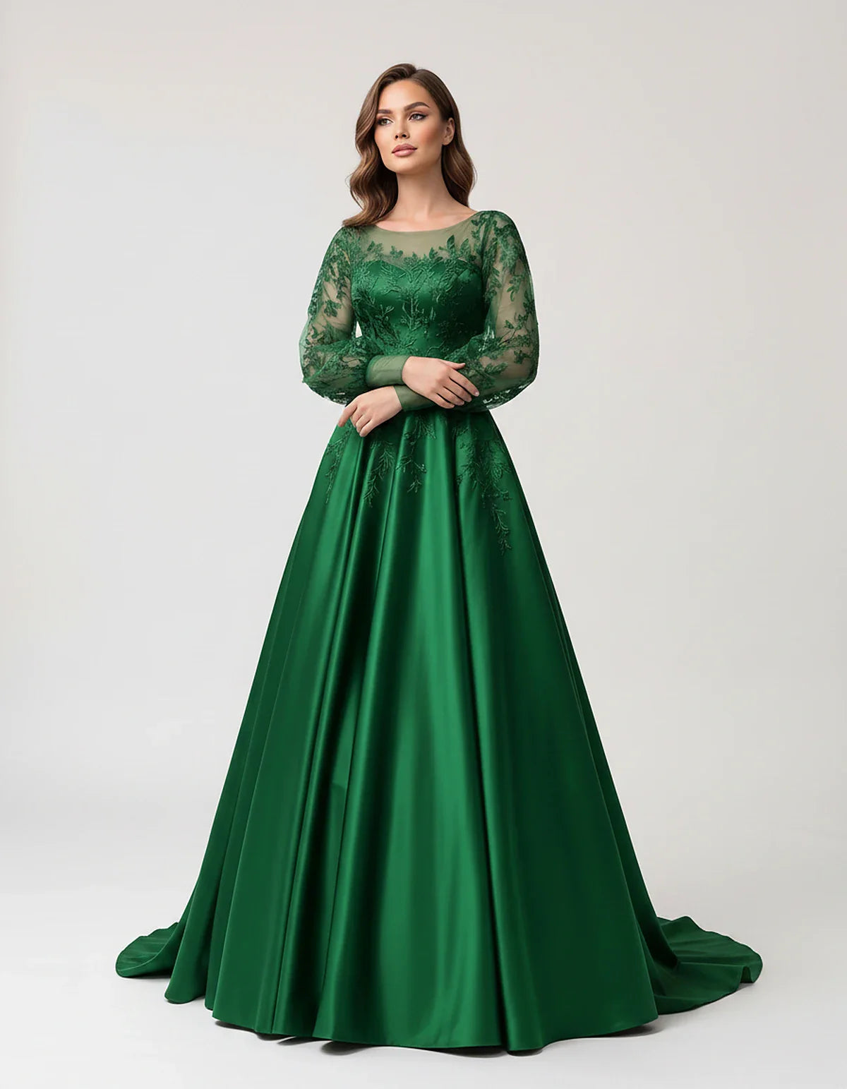 Satin Lace Appliqué Long Sleeve Illusion Neckline A-Line Maxi Dress for Party, Cocktail, Evening, Wedding Guest & Summer Even | SKU: VMD-583921746182305-GREEN-L,VMD-583921746182305-GREEN-M,VMD-583921746182305-GREEN-S,VMD-583921746182305-GREEN-XL,VMD-583921746182305-GREEN-XS