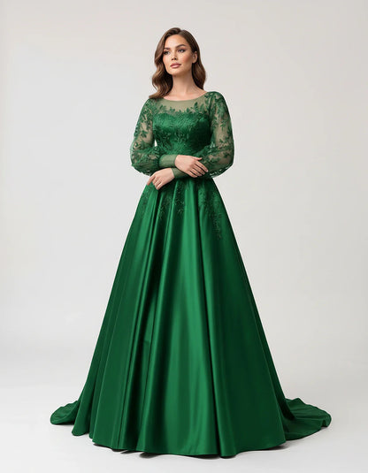 Satin Lace Appliqué Long Sleeve Illusion Neckline A-Line Maxi Dress for Party, Cocktail, Evening, Wedding Guest & Summer Even | SKU: VMD-583921746182305-GREEN-L,VMD-583921746182305-GREEN-M,VMD-583921746182305-GREEN-S,VMD-583921746182305-GREEN-XL,VMD-583921746182305-GREEN-XS