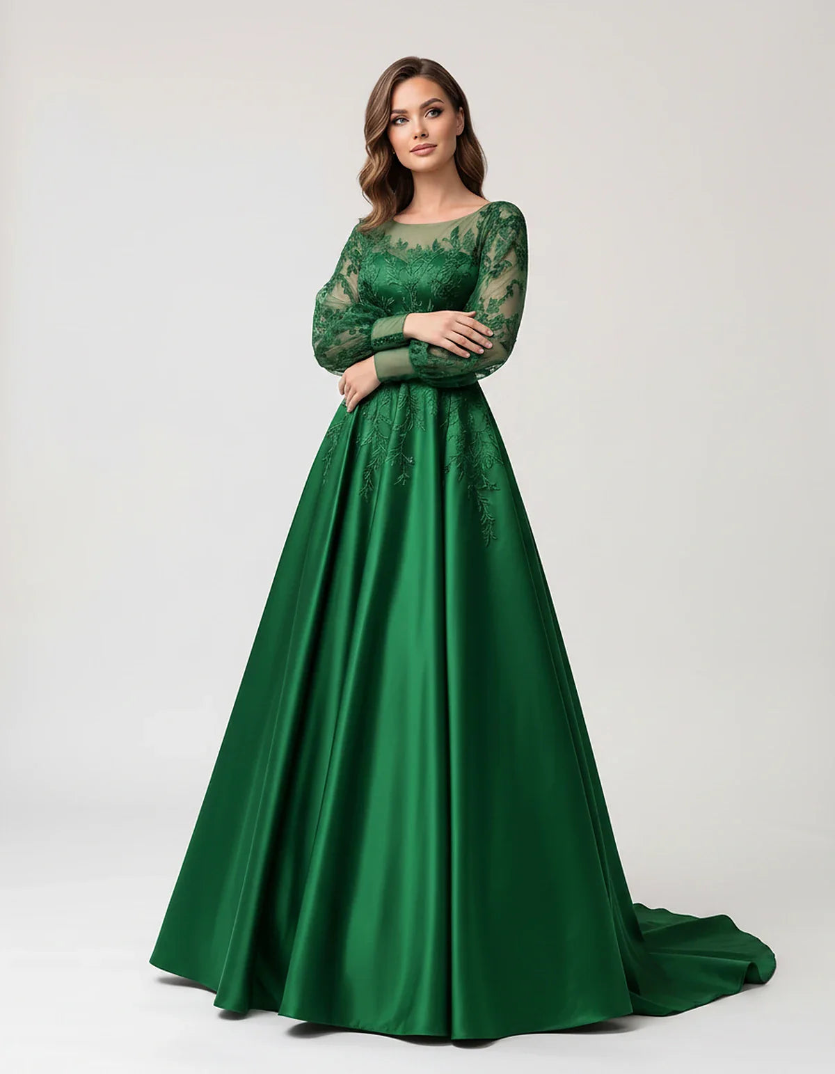 Satin Lace Appliqué Long Sleeve Illusion Neckline A-Line Maxi Dress for Party, Cocktail, Evening, Wedding Guest & Summer Even | SKU: VMD-583921746182305-GREEN-L,VMD-583921746182305-GREEN-M,VMD-583921746182305-GREEN-S,VMD-583921746182305-GREEN-XL,VMD-583921746182305-GREEN-XS