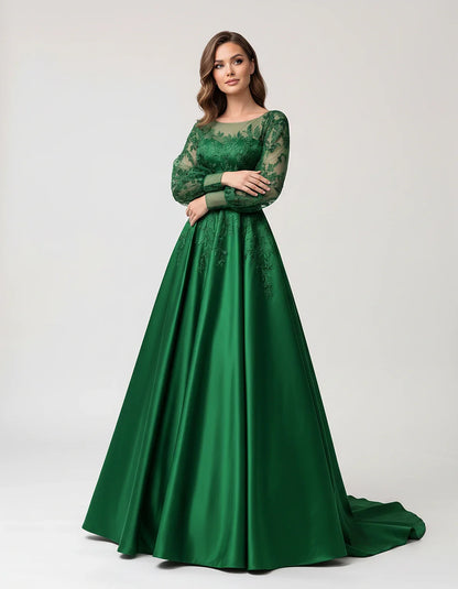 Satin Lace Appliqué Long Sleeve Illusion Neckline A-Line Maxi Dress for Party, Cocktail, Evening, Wedding Guest & Summer Even | SKU: VMD-583921746182305-GREEN-L,VMD-583921746182305-GREEN-M,VMD-583921746182305-GREEN-S,VMD-583921746182305-GREEN-XL,VMD-583921746182305-GREEN-XS
