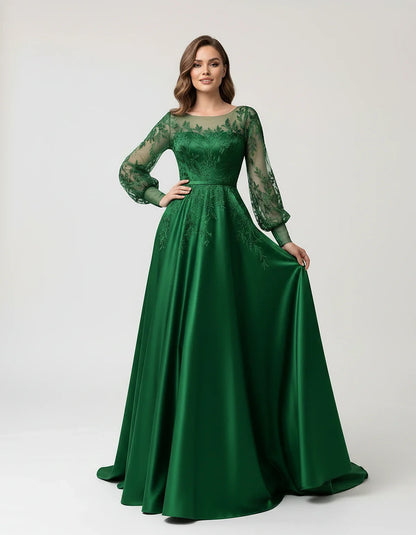 Satin Lace Appliqué Long Sleeve Illusion Neckline A-Line Maxi Dress for Party, Cocktail, Evening, Wedding Guest & Summer Even | SKU: VMD-583921746182305-GREEN-L,VMD-583921746182305-GREEN-M,VMD-583921746182305-GREEN-S,VMD-583921746182305-GREEN-XL,VMD-583921746182305-GREEN-XS