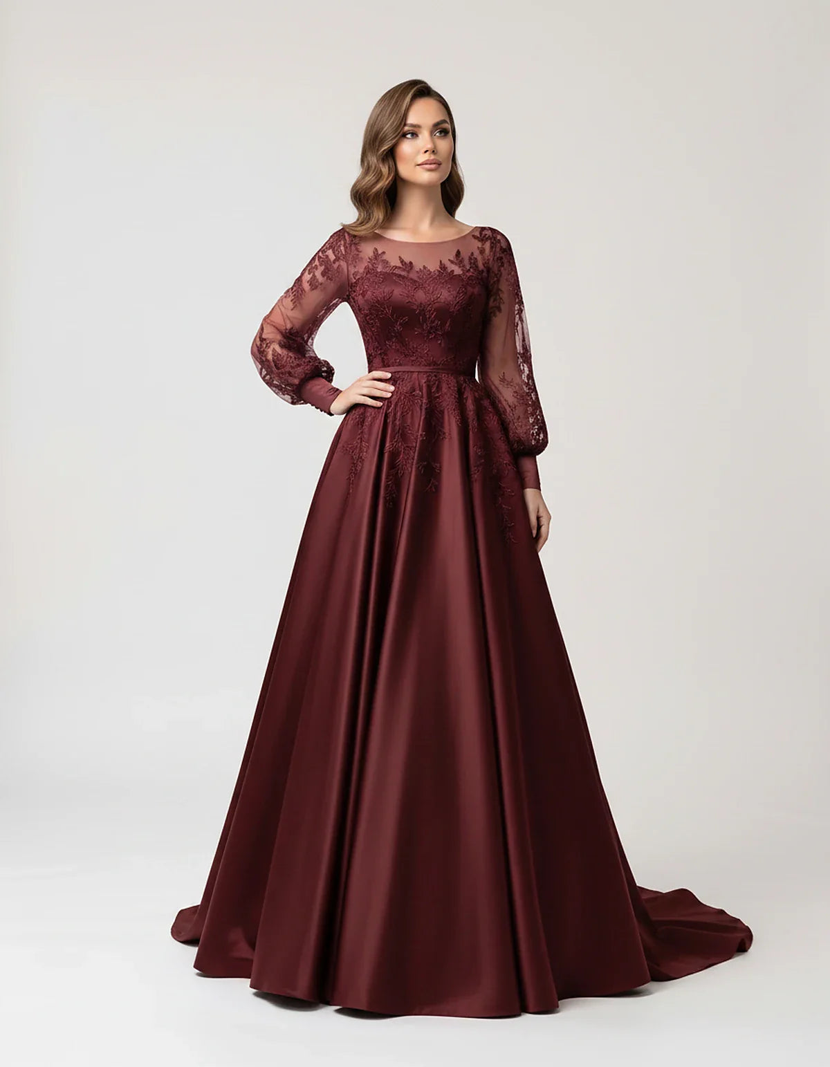 Satin Lace Appliqué Long Sleeve Illusion Neckline A-Line Maxi Dress for Party, Cocktail, Evening, Wedding Guest & Summer Even | SKU: VMD-583921746182305-BURGUNDY-L,VMD-583921746182305-BURGUNDY-M,VMD-583921746182305-BURGUNDY-S,VMD-583921746182305-BURGUNDY-XL,VMD-583921746182305-BURGUNDY-XS