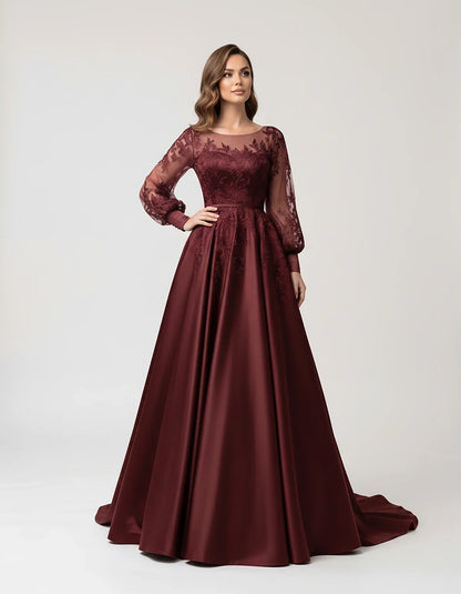 Satin Lace Appliqué Long Sleeve Illusion Neckline A-Line Maxi Dress for Party, Cocktail, Evening, Wedding Guest & Summer Even | SKU: VMD-583921746182305-BURGUNDY-L,VMD-583921746182305-BURGUNDY-M,VMD-583921746182305-BURGUNDY-S,VMD-583921746182305-BURGUNDY-XL,VMD-583921746182305-BURGUNDY-XS