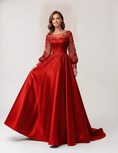 Satin Lace Appliqué Long Sleeve Illusion Neckline A-Line Maxi Dress for Party, Cocktail, Evening, Wedding Guest & Summer Even | SKU: VMD-583921746182305-RED-L,VMD-583921746182305-RED-M,VMD-583921746182305-RED-S,VMD-583921746182305-RED-XL,VMD-583921746182305-RED-XS