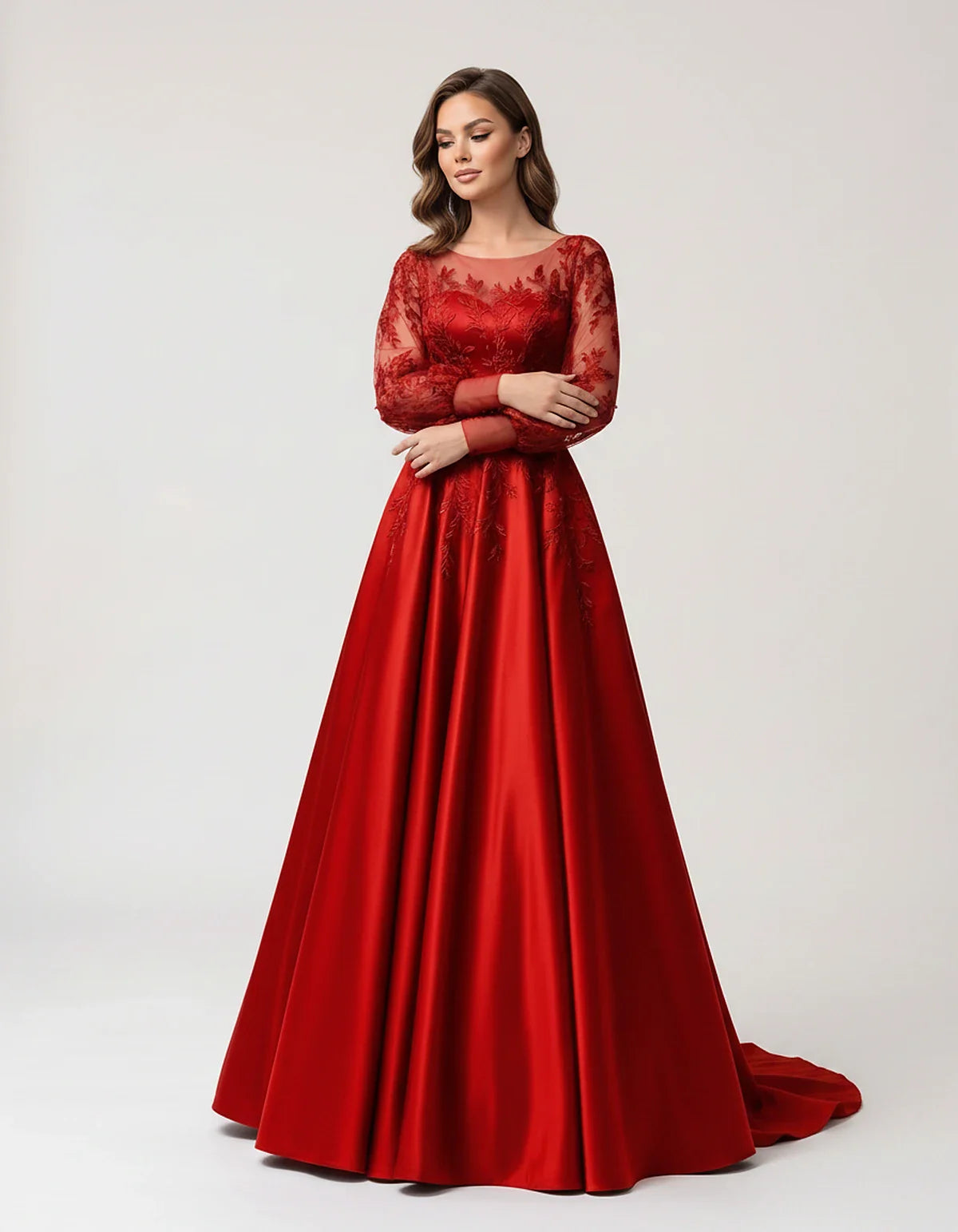 Satin Lace Appliqué Long Sleeve Illusion Neckline A-Line Maxi Dress for Party, Cocktail, Evening, Wedding Guest & Summer Even | SKU: VMD-583921746182305-RED-L,VMD-583921746182305-RED-M,VMD-583921746182305-RED-S,VMD-583921746182305-RED-XL,VMD-583921746182305-RED-XS