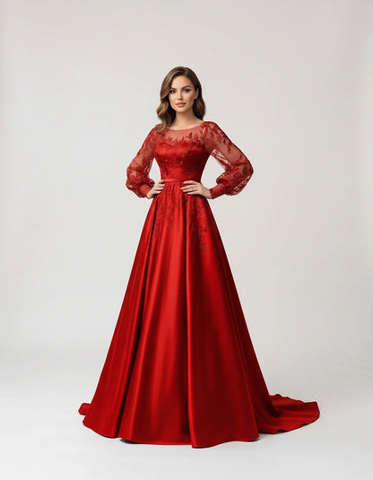 Satin Lace Appliqué Long Sleeve Illusion Neckline A-Line Maxi Dress for Party, Cocktail, Evening, Wedding Guest & Summer Even | SKU: VMD-583921746182305-RED-L,VMD-583921746182305-RED-M,VMD-583921746182305-RED-S,VMD-583921746182305-RED-XL,VMD-583921746182305-RED-XS