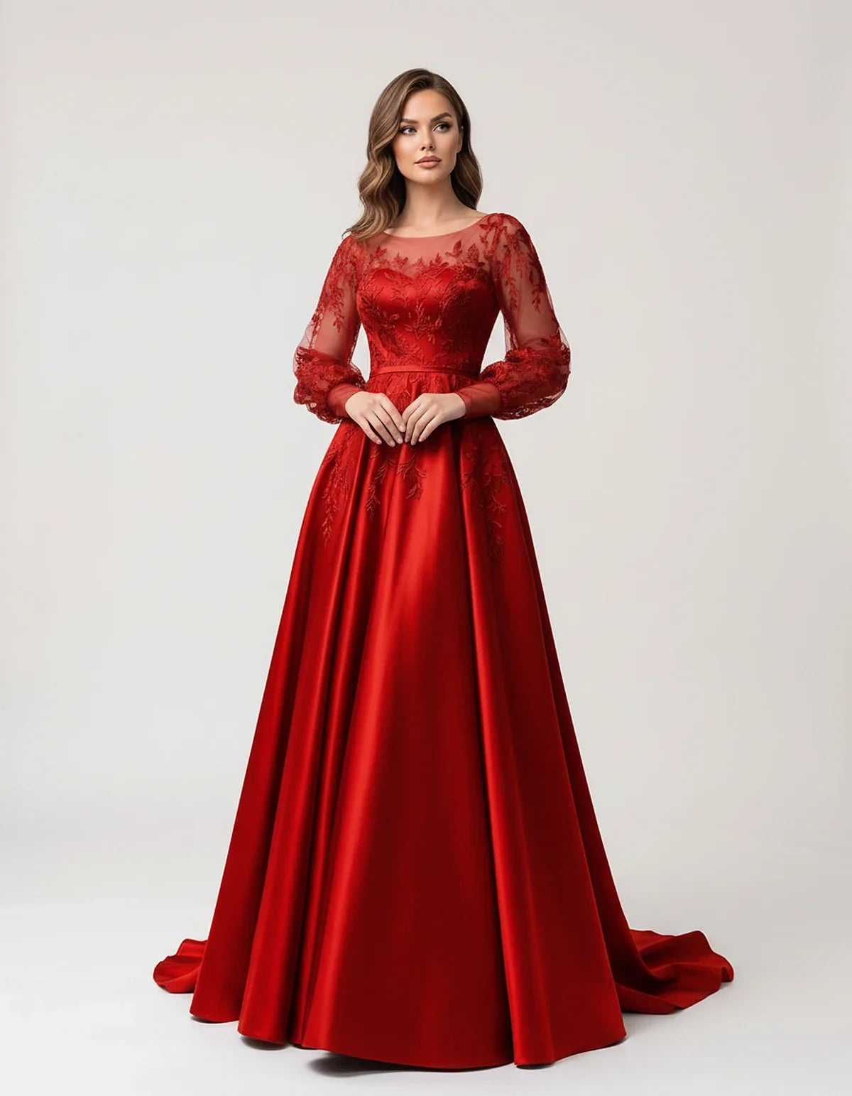 Satin Lace Appliqué Long Sleeve Illusion Neckline A-Line Maxi Dress for Party, Cocktail, Evening, Wedding Guest & Summer Even | SKU: VMD-583921746182305-RED-L,VMD-583921746182305-RED-M,VMD-583921746182305-RED-S,VMD-583921746182305-RED-XL,VMD-583921746182305-RED-XS