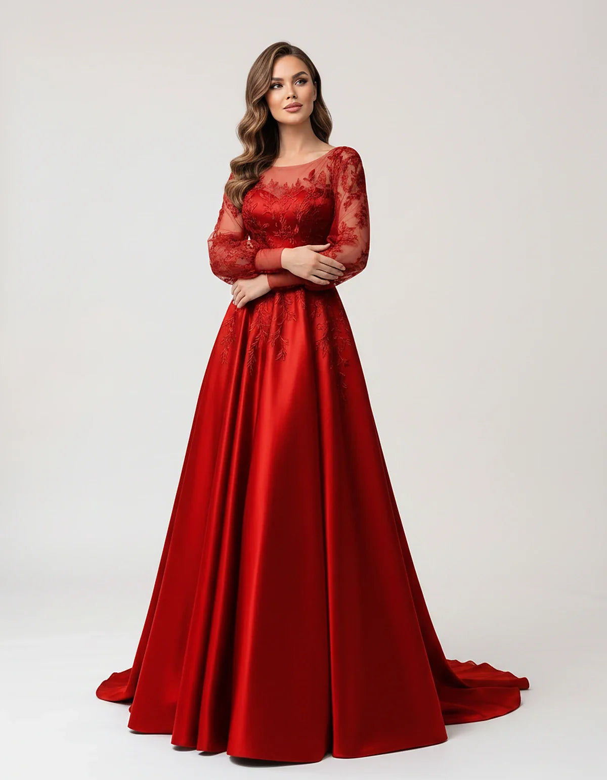 Satin Lace Appliqué Long Sleeve Illusion Neckline A-Line Maxi Dress for Party, Cocktail, Evening, Wedding Guest & Summer Even | SKU: VMD-583921746182305-RED-L,VMD-583921746182305-RED-M,VMD-583921746182305-RED-S,VMD-583921746182305-RED-XL,VMD-583921746182305-RED-XS