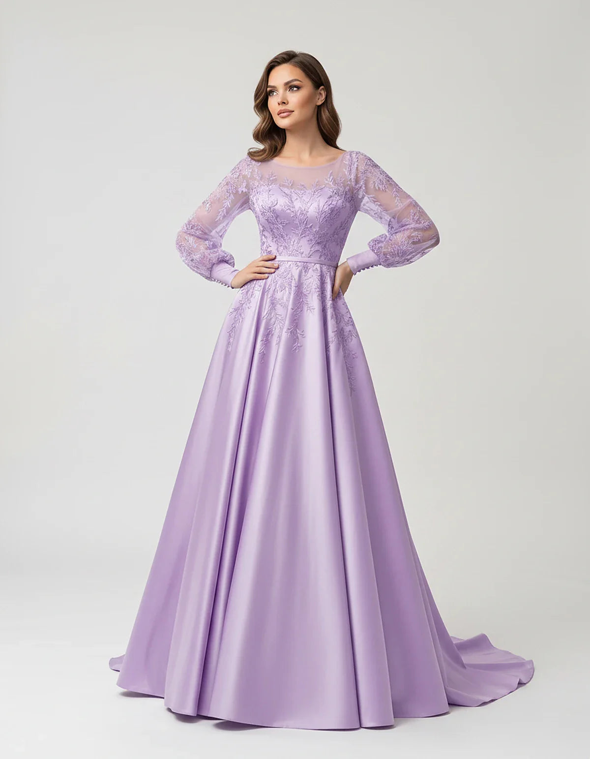 Satin Lace Appliqué Long Sleeve Illusion Neckline A-Line Maxi Dress for Party, Cocktail, Evening, Wedding Guest & Summer Even | SKU: VMD-583921746182305-LAVENDER-L,VMD-583921746182305-LAVENDER-M,VMD-583921746182305-LAVENDER-S,VMD-583921746182305-LAVENDER-XL,VMD-583921746182305-LAVENDER-XS
