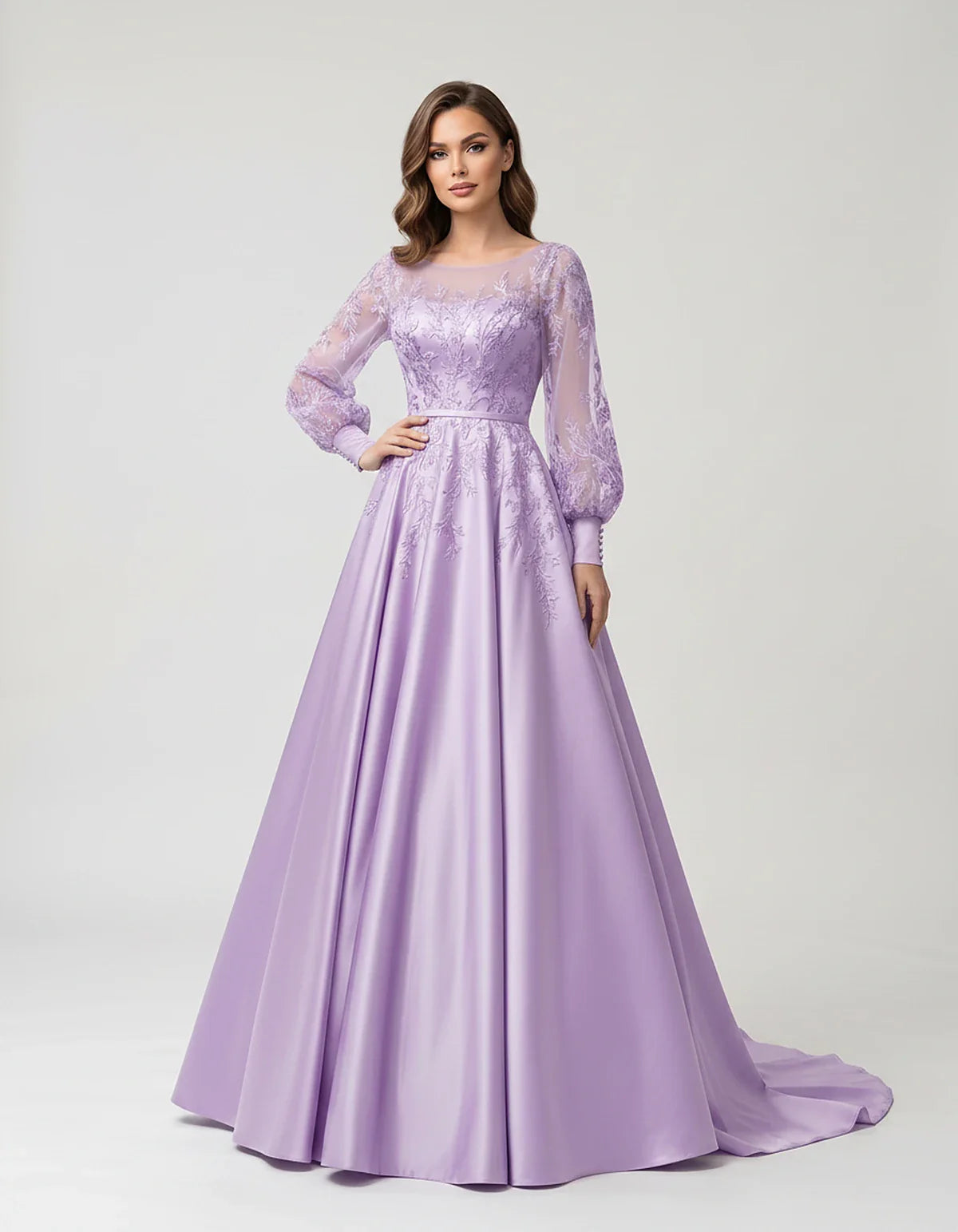 Satin Lace Appliqué Long Sleeve Illusion Neckline A-Line Maxi Dress for Party, Cocktail, Evening, Wedding Guest & Summer Even | SKU: VMD-583921746182305-LAVENDER-L,VMD-583921746182305-LAVENDER-M,VMD-583921746182305-LAVENDER-S,VMD-583921746182305-LAVENDER-XL,VMD-583921746182305-LAVENDER-XS