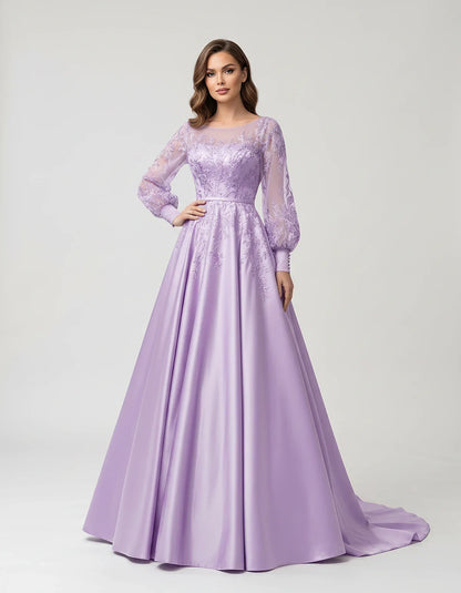 Satin Lace Appliqué Long Sleeve Illusion Neckline A-Line Maxi Dress for Party, Cocktail, Evening, Wedding Guest & Summer Even | SKU: VMD-583921746182305-LAVENDER-L,VMD-583921746182305-LAVENDER-M,VMD-583921746182305-LAVENDER-S,VMD-583921746182305-LAVENDER-XL,VMD-583921746182305-LAVENDER-XS