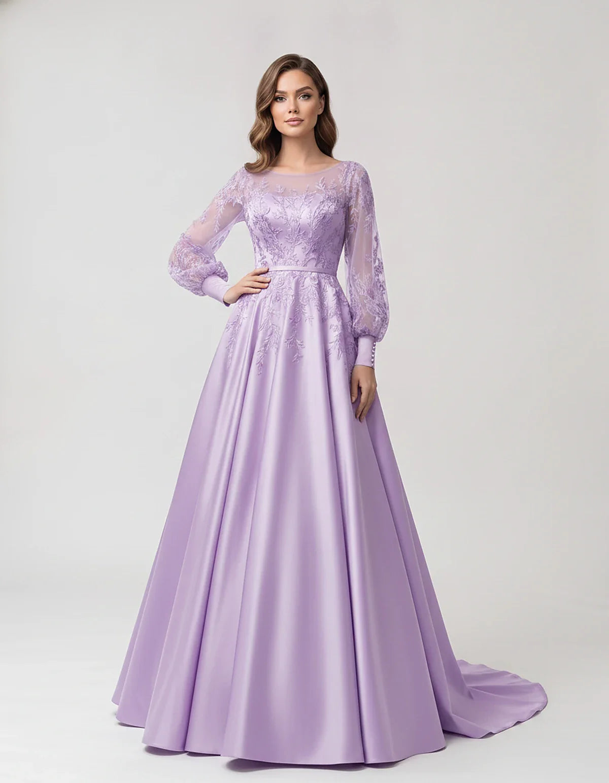 Satin Lace Appliqué Long Sleeve Illusion Neckline A-Line Maxi Dress for Party, Cocktail, Evening, Wedding Guest & Summer Even | SKU: VMD-583921746182305-LAVENDER-L,VMD-583921746182305-LAVENDER-M,VMD-583921746182305-LAVENDER-S,VMD-583921746182305-LAVENDER-XL,VMD-583921746182305-LAVENDER-XS
