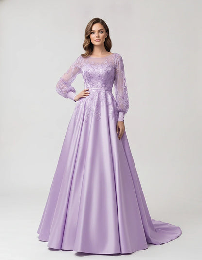 Satin Lace Appliqué Long Sleeve Illusion Neckline A-Line Maxi Dress for Party, Cocktail, Evening, Wedding Guest & Summer Even | SKU: VMD-583921746182305-LAVENDER-L,VMD-583921746182305-LAVENDER-M,VMD-583921746182305-LAVENDER-S,VMD-583921746182305-LAVENDER-XL,VMD-583921746182305-LAVENDER-XS