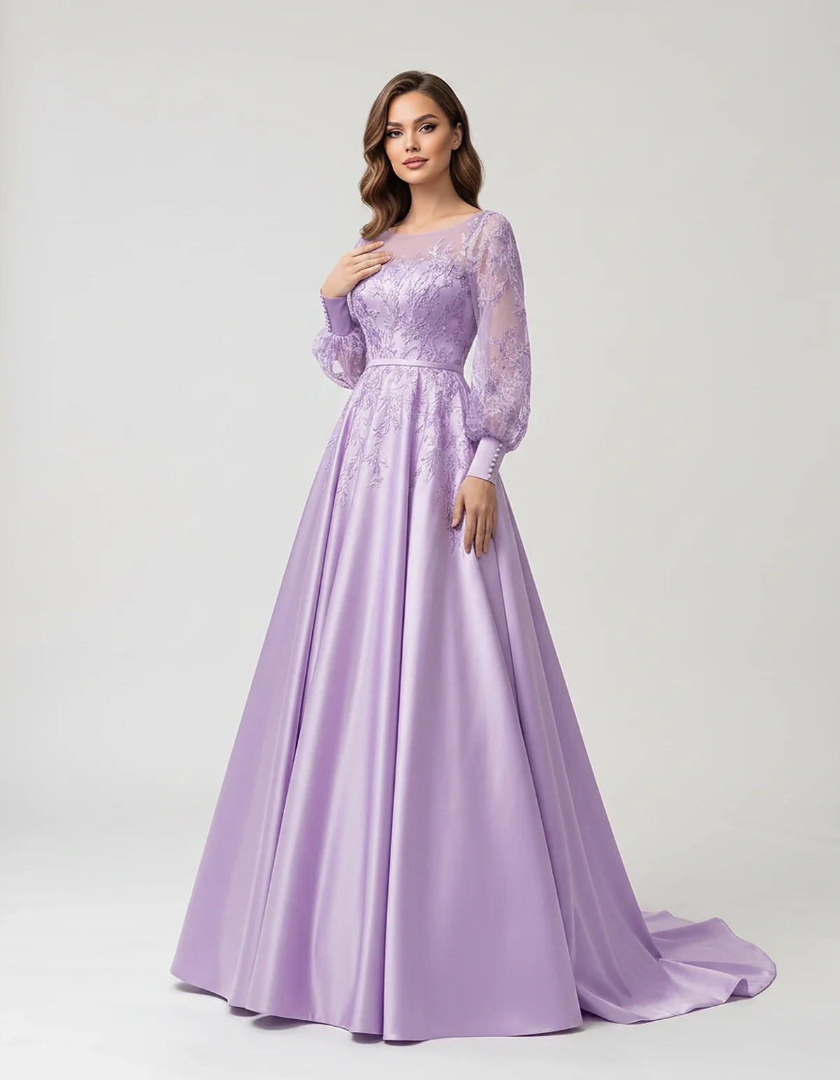 Satin Lace Appliqué Long Sleeve Illusion Neckline A-Line Maxi Dress for Party, Cocktail, Evening, Wedding Guest & Summer Even | SKU: VMD-583921746182305-LAVENDER-L,VMD-583921746182305-LAVENDER-M,VMD-583921746182305-LAVENDER-S,VMD-583921746182305-LAVENDER-XL,VMD-583921746182305-LAVENDER-XS