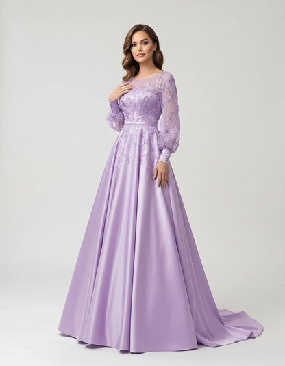 Satin Lace Appliqué Long Sleeve Illusion Neckline A-Line Maxi Dress for Party, Cocktail, Evening, Wedding Guest & Summer Even | SKU: VMD-583921746182305-LAVENDER-L,VMD-583921746182305-LAVENDER-M,VMD-583921746182305-LAVENDER-S,VMD-583921746182305-LAVENDER-XL,VMD-583921746182305-LAVENDER-XS