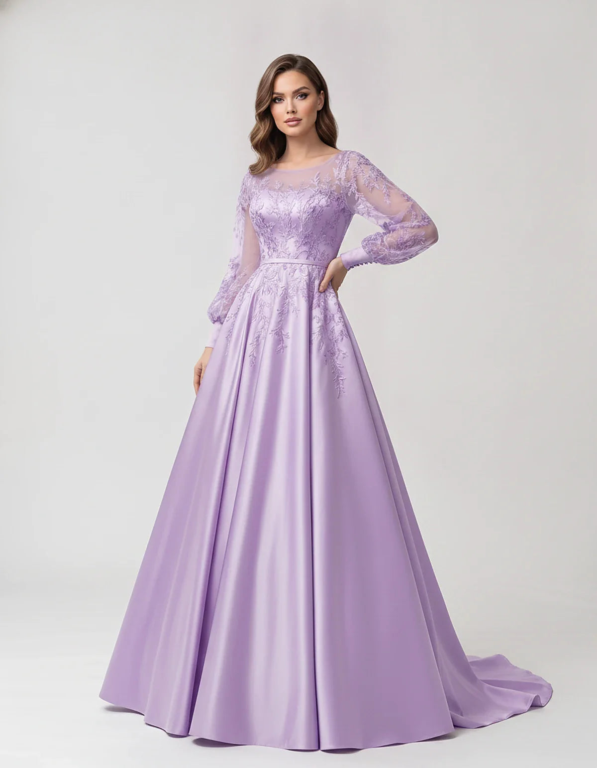 Satin Lace Appliqué Long Sleeve Illusion Neckline A-Line Maxi Dress for Party, Cocktail, Evening, Wedding Guest & Summer Even | SKU: VMD-583921746182305-LAVENDER-L,VMD-583921746182305-LAVENDER-M,VMD-583921746182305-LAVENDER-S,VMD-583921746182305-LAVENDER-XL,VMD-583921746182305-LAVENDER-XS