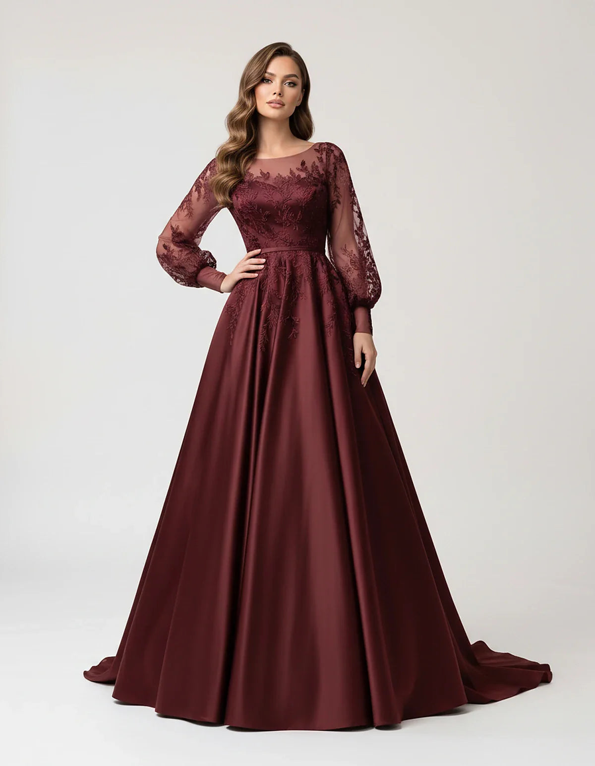Satin Lace Appliqué Long Sleeve Illusion Neckline A-Line Maxi Dress for Party, Cocktail, Evening, Wedding Guest & Summer Even | SKU: VMD-583921746182305-BURGUNDY-L,VMD-583921746182305-BURGUNDY-M,VMD-583921746182305-BURGUNDY-S,VMD-583921746182305-BURGUNDY-XL,VMD-583921746182305-BURGUNDY-XS