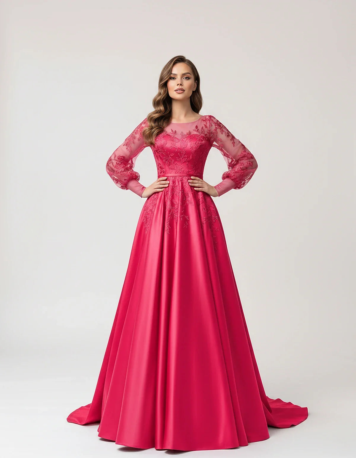 Satin Lace Appliqué Long Sleeve Illusion Neckline A-Line Maxi Dress for Party, Cocktail, Evening, Wedding Guest & Summer Even | SKU: VMD-583921746182305-HOTPINK-L,VMD-583921746182305-HOTPINK-M,VMD-583921746182305-HOTPINK-S,VMD-583921746182305-HOTPINK-XL,VMD-583921746182305-HOTPINK-XS
