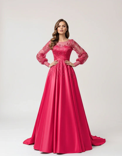 Satin Lace Appliqué Long Sleeve Illusion Neckline A-Line Maxi Dress for Party, Cocktail, Evening, Wedding Guest & Summer Even | SKU: VMD-583921746182305-HOTPINK-L,VMD-583921746182305-HOTPINK-M,VMD-583921746182305-HOTPINK-S,VMD-583921746182305-HOTPINK-XL,VMD-583921746182305-HOTPINK-XS