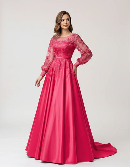 Satin Lace Appliqué Long Sleeve Illusion Neckline A-Line Maxi Dress for Party, Cocktail, Evening, Wedding Guest & Summer Even | SKU: VMD-583921746182305-HOTPINK-L,VMD-583921746182305-HOTPINK-M,VMD-583921746182305-HOTPINK-S,VMD-583921746182305-HOTPINK-XL,VMD-583921746182305-HOTPINK-XS