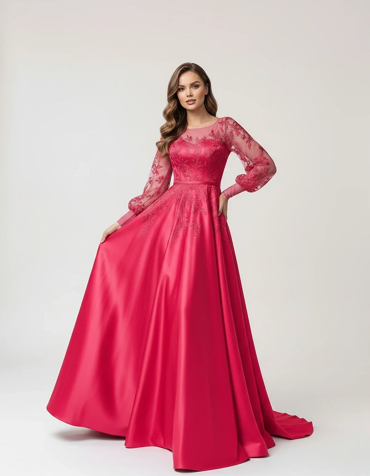Satin Lace Appliqué Long Sleeve Illusion Neckline A-Line Maxi Dress for Party, Cocktail, Evening, Wedding Guest & Summer Even | SKU: VMD-583921746182305-HOTPINK-L,VMD-583921746182305-HOTPINK-M,VMD-583921746182305-HOTPINK-S,VMD-583921746182305-HOTPINK-XL,VMD-583921746182305-HOTPINK-XS