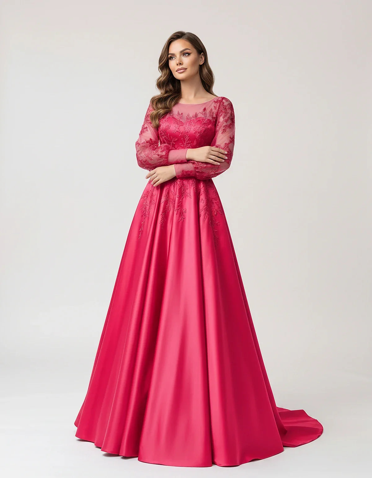 Satin Lace Appliqué Long Sleeve Illusion Neckline A-Line Maxi Dress for Party, Cocktail, Evening, Wedding Guest & Summer Even | SKU: VMD-583921746182305-HOTPINK-L,VMD-583921746182305-HOTPINK-M,VMD-583921746182305-HOTPINK-S,VMD-583921746182305-HOTPINK-XL,VMD-583921746182305-HOTPINK-XS