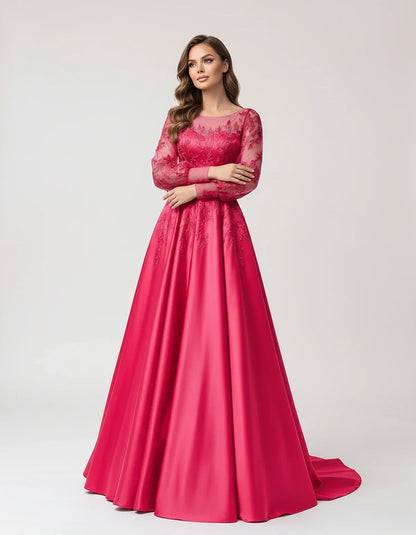 Satin Lace Appliqué Long Sleeve Illusion Neckline A-Line Maxi Dress for Party, Cocktail, Evening, Wedding Guest & Summer Even | SKU: VMD-583921746182305-HOTPINK-L,VMD-583921746182305-HOTPINK-M,VMD-583921746182305-HOTPINK-S,VMD-583921746182305-HOTPINK-XL,VMD-583921746182305-HOTPINK-XS