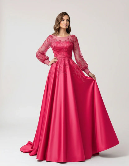 Satin Lace Appliqué Long Sleeve Illusion Neckline A-Line Maxi Dress for Party, Cocktail, Evening, Wedding Guest & Summer Even | SKU: VMD-583921746182305-HOTPINK-L,VMD-583921746182305-HOTPINK-M,VMD-583921746182305-HOTPINK-S,VMD-583921746182305-HOTPINK-XL,VMD-583921746182305-HOTPINK-XS
