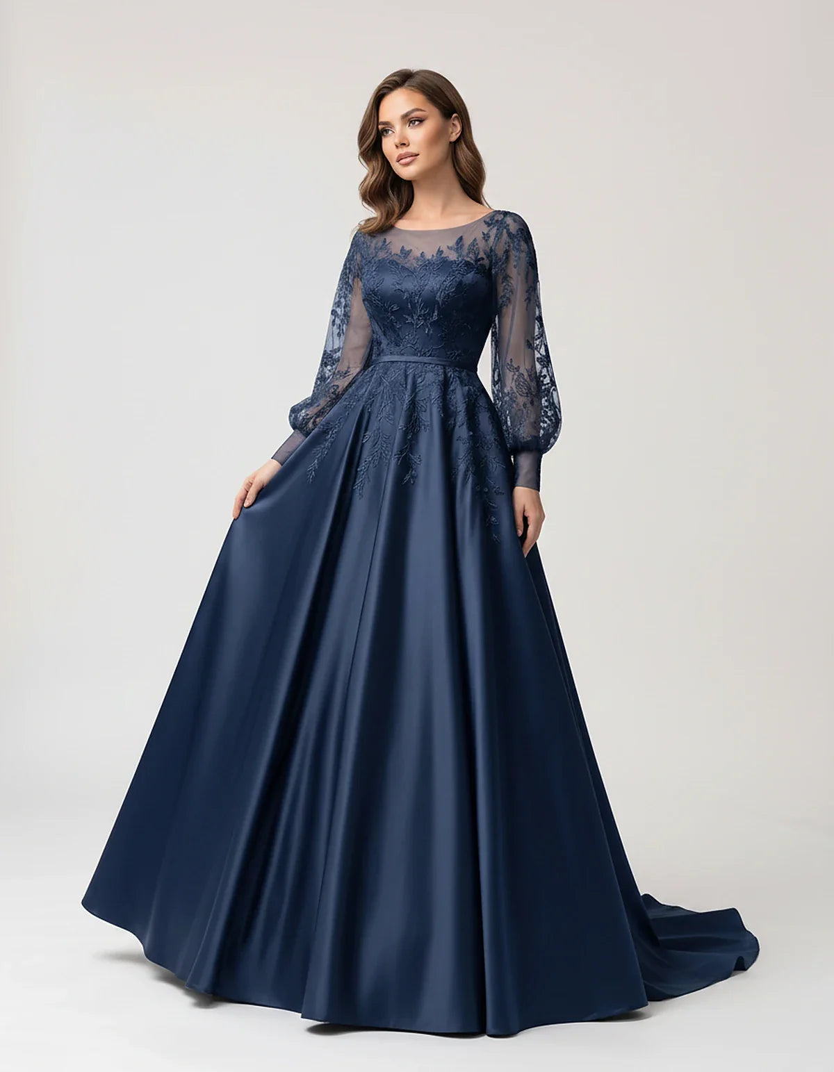 Satin Lace Appliqué Long Sleeve Illusion Neckline A-Line Maxi Dress for Party, Cocktail, Evening, Wedding Guest & Summer Even | SKU: VMD-583921746182305-NAVY-L,VMD-583921746182305-NAVY-M,VMD-583921746182305-NAVY-S,VMD-583921746182305-NAVY-XL,VMD-583921746182305-NAVY-XS