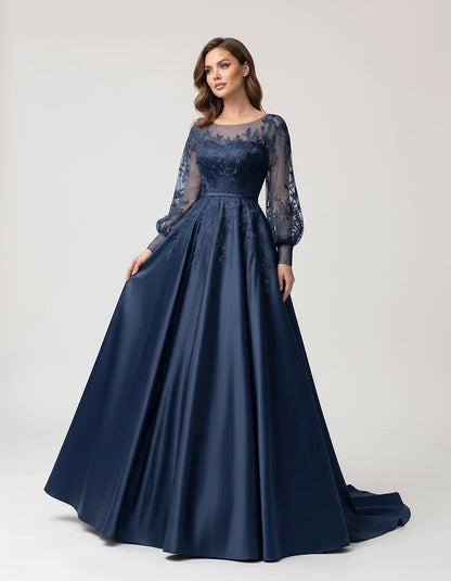 Satin Lace Appliqué Long Sleeve Illusion Neckline A-Line Maxi Dress for Party, Cocktail, Evening, Wedding Guest & Summer Even | SKU: VMD-583921746182305-NAVY-L,VMD-583921746182305-NAVY-M,VMD-583921746182305-NAVY-S,VMD-583921746182305-NAVY-XL,VMD-583921746182305-NAVY-XS