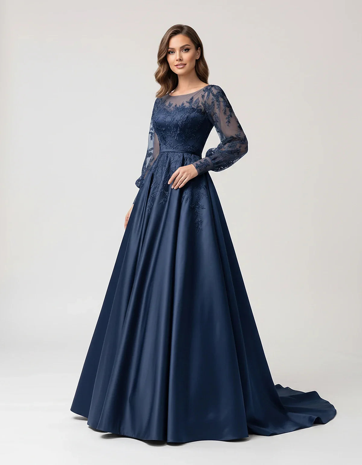 Satin Lace Appliqué Long Sleeve Illusion Neckline A-Line Maxi Dress for Party, Cocktail, Evening, Wedding Guest & Summer Even | SKU: VMD-583921746182305-NAVY-L,VMD-583921746182305-NAVY-M,VMD-583921746182305-NAVY-S,VMD-583921746182305-NAVY-XL,VMD-583921746182305-NAVY-XS