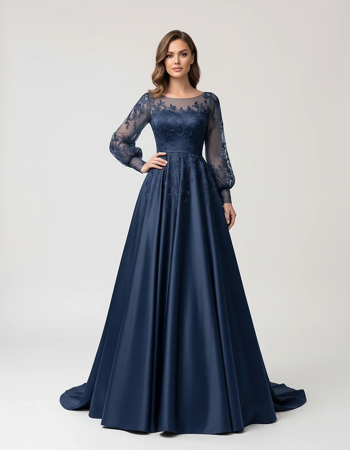 Satin Lace Appliqué Long Sleeve Illusion Neckline A-Line Maxi Dress for Party, Cocktail, Evening, Wedding Guest & Summer Even | SKU: VMD-583921746182305-NAVY-L,VMD-583921746182305-NAVY-M,VMD-583921746182305-NAVY-S,VMD-583921746182305-NAVY-XL,VMD-583921746182305-NAVY-XS
