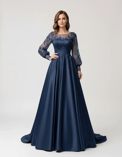 Satin Lace Appliqué Long Sleeve Illusion Neckline A-Line Maxi Dress for Party, Cocktail, Evening, Wedding Guest & Summer Even | SKU: VMD-583921746182305-NAVY-L,VMD-583921746182305-NAVY-M,VMD-583921746182305-NAVY-S,VMD-583921746182305-NAVY-XL,VMD-583921746182305-NAVY-XS