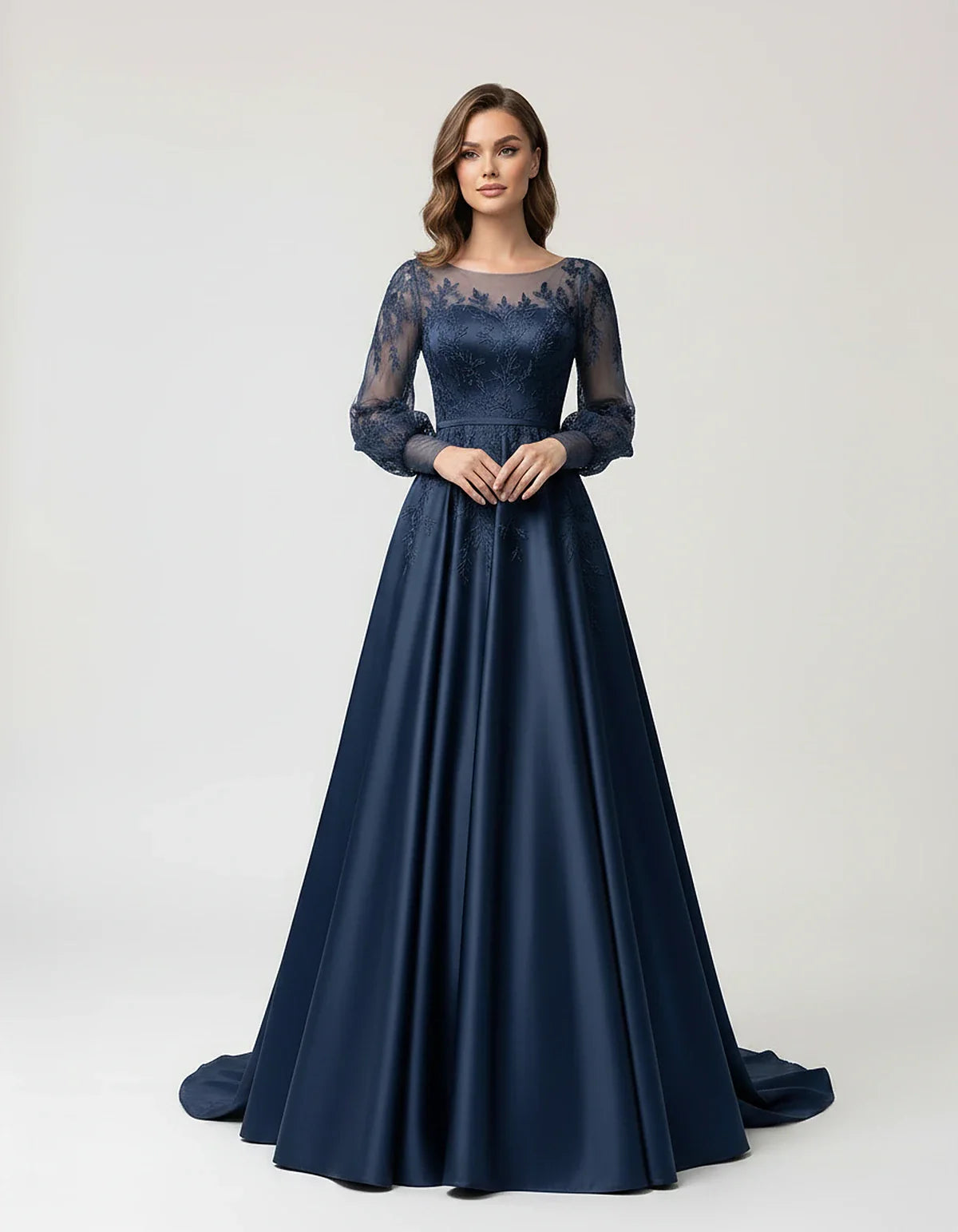 Satin Lace Appliqué Long Sleeve Illusion Neckline A-Line Maxi Dress for Party, Cocktail, Evening, Wedding Guest & Summer Even | SKU: VMD-583921746182305-NAVY-L,VMD-583921746182305-NAVY-M,VMD-583921746182305-NAVY-S,VMD-583921746182305-NAVY-XL,VMD-583921746182305-NAVY-XS