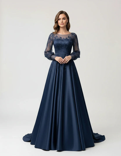 Satin Lace Appliqué Long Sleeve Illusion Neckline A-Line Maxi Dress for Party, Cocktail, Evening, Wedding Guest & Summer Even | SKU: VMD-583921746182305-NAVY-L,VMD-583921746182305-NAVY-M,VMD-583921746182305-NAVY-S,VMD-583921746182305-NAVY-XL,VMD-583921746182305-NAVY-XS