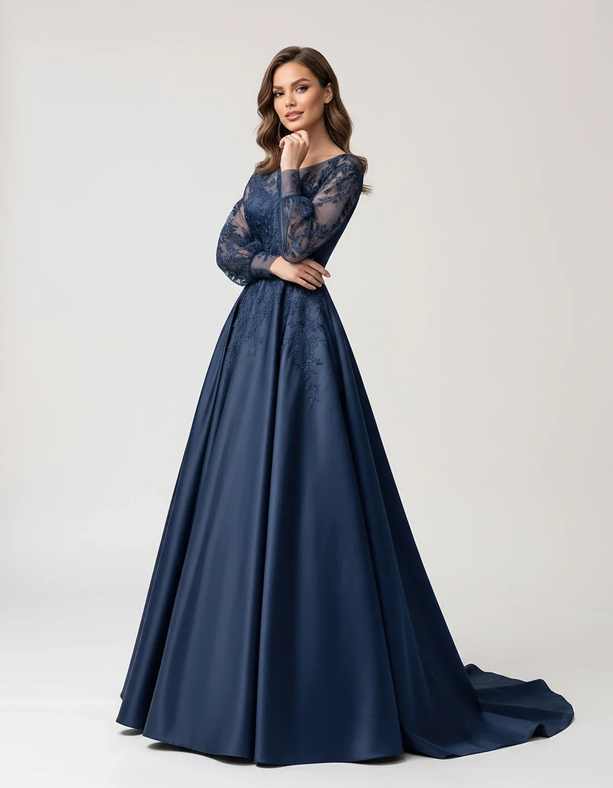 Satin Lace Appliqué Long Sleeve Illusion Neckline A-Line Maxi Dress for Party, Cocktail, Evening, Wedding Guest & Summer Even | SKU: VMD-583921746182305-NAVY-L,VMD-583921746182305-NAVY-M,VMD-583921746182305-NAVY-S,VMD-583921746182305-NAVY-XL,VMD-583921746182305-NAVY-XS